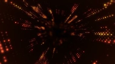 Parlayan ve yanıp sönen parçacıklardan dijital teknolojik tünele uçmanın animasyonu. Kusursuz döngünün animasyonu.