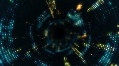 Parlayan ve yanıp sönen parçacıklardan dijital teknolojik tünele uçmanın animasyonu. Kusursuz döngünün animasyonu.