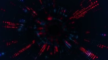 Parlayan ve yanıp sönen parçacıklardan dijital teknolojik tünele uçmanın animasyonu. Kusursuz döngünün animasyonu.