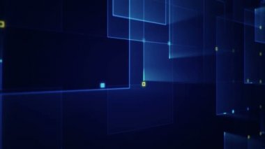 Çizgilerin geometrik arka planında parçacıkların olduğu devre elektrik sinyalinin animasyonu. Kusursuz döngünün animasyonu.  