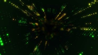 Parlayan ve yanıp sönen parçacıklardan dijital teknolojik tünele uçmanın animasyonu. Kusursuz döngünün animasyonu.