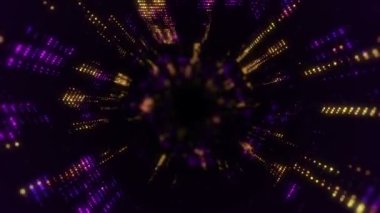 Parlayan ve yanıp sönen parçacıklardan dijital teknolojik tünele uçmanın animasyonu. Kusursuz döngünün animasyonu.