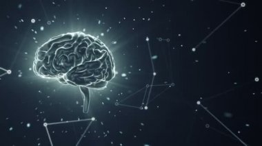 Arka planda uçan verilerle insan beyninin dönüşümünün animasyonu. Kusursuz döngünün animasyonu