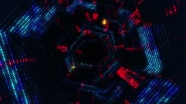 Parlayan ve yanıp sönen parçacıklardan dijital teknolojik tünele uçmanın animasyonu. Kusursuz döngünün animasyonu.