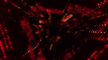 Parlayan ve yanıp sönen parçacıklardan dijital teknolojik tünele uçmanın animasyonu. Kusursuz döngünün animasyonu.