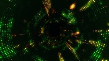 Parlayan ve yanıp sönen parçacıklardan dijital teknolojik tünele uçmanın animasyonu. Kusursuz döngünün animasyonu.