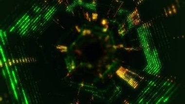 Parlayan ve yanıp sönen parçacıklardan dijital teknolojik tünele uçmanın animasyonu. Kusursuz döngünün animasyonu.