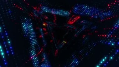 Parlayan ve yanıp sönen parçacıklardan dijital teknolojik tünele uçmanın animasyonu. Kusursuz döngünün animasyonu.