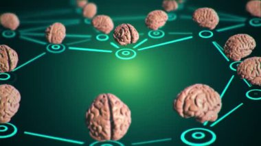 İnsan beyin sembollerinden kullanıcıları birbirine bağlayan animasyon bulutu ağına sahip soyut bir arka plan, önde gelen profesyonellerle ilgili bir iş filmi konsepti. Kusursuz döngünün animasyonu.