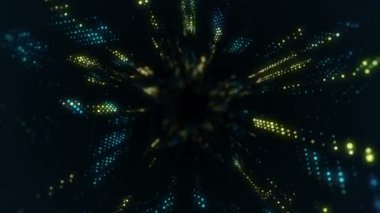 Parlayan ve yanıp sönen parçacıklardan dijital teknolojik tünele uçmanın animasyonu. Kusursuz döngünün animasyonu.