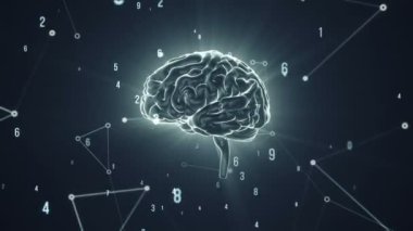 Arka planda uçan verilerle insan beyninin dönüşümünün animasyonu. Kusursuz döngünün animasyonu