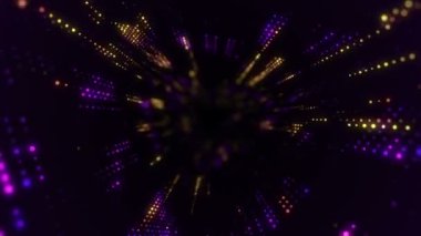 Parlayan ve yanıp sönen parçacıklardan dijital teknolojik tünele uçmanın animasyonu. Kusursuz döngünün animasyonu.