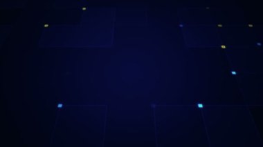 Çizgilerin geometrik arka planında parçacıkların olduğu devre elektrik sinyalinin animasyonu. Kusursuz döngünün animasyonu.  