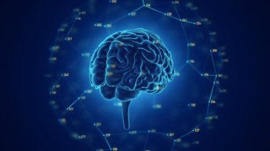 Arka planda uçan verilerle insan beyninin dönüşümünün animasyonu. Kusursuz döngünün animasyonu