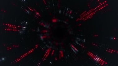 Parlayan ve yanıp sönen parçacıklardan dijital teknolojik tünele uçmanın animasyonu. Kusursuz döngünün animasyonu.