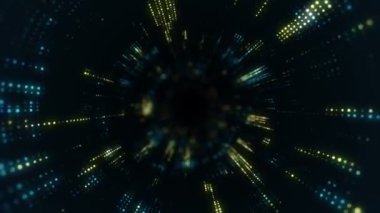 Parlayan ve yanıp sönen parçacıklardan dijital teknolojik tünele uçmanın animasyonu. Kusursuz döngünün animasyonu.