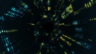 Parlayan ve yanıp sönen parçacıklardan dijital teknolojik tünele uçmanın animasyonu. Kusursuz döngünün animasyonu.