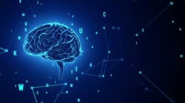 Arka planda uçan verilerle insan beyninin dönüşümünün animasyonu. Kusursuz döngünün animasyonu