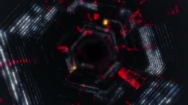 Parlayan ve yanıp sönen parçacıklardan dijital teknolojik tünele uçmanın animasyonu. Kusursuz döngünün animasyonu.