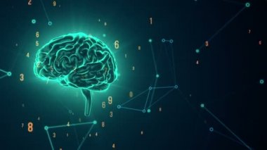 Arka planda uçan verilerle insan beyninin dönüşümünün animasyonu. Kusursuz döngünün animasyonu