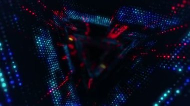 Parlayan ve yanıp sönen parçacıklardan dijital teknolojik tünele uçmanın animasyonu. Kusursuz döngünün animasyonu.