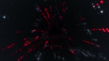 Parlayan ve yanıp sönen parçacıklardan dijital teknolojik tünele uçmanın animasyonu. Kusursuz döngünün animasyonu.