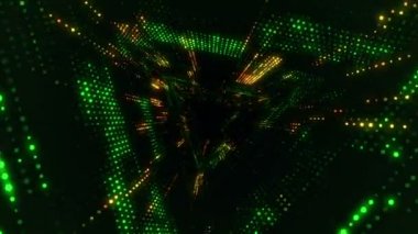 Parlayan ve yanıp sönen parçacıklardan dijital teknolojik tünele uçmanın animasyonu. Kusursuz döngünün animasyonu.