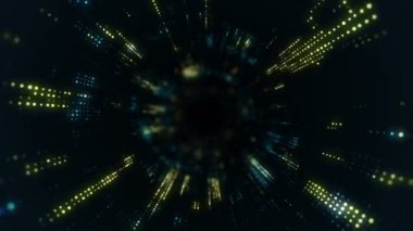 Parlayan ve yanıp sönen parçacıklardan dijital teknolojik tünele uçmanın animasyonu. Kusursuz döngünün animasyonu.