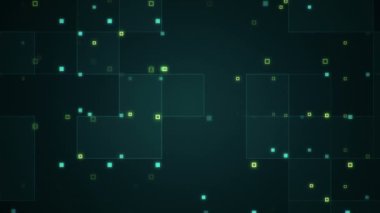 Çizgilerin geometrik arka planında parçacıkların olduğu devre elektrik sinyalinin animasyonu. Kusursuz döngünün animasyonu.  