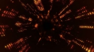 Parlayan ve yanıp sönen parçacıklardan dijital teknolojik tünele uçmanın animasyonu. Kusursuz döngünün animasyonu.