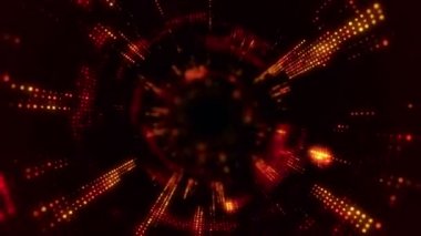 Parlayan ve yanıp sönen parçacıklardan dijital teknolojik tünele uçmanın animasyonu. Kusursuz döngünün animasyonu.