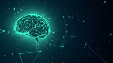 Arka planda uçan verilerle insan beyninin dönüşümünün animasyonu. Kusursuz döngünün animasyonu