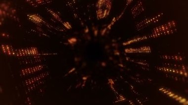 Parlayan ve yanıp sönen parçacıklardan dijital teknolojik tünele uçmanın animasyonu. Kusursuz döngünün animasyonu.