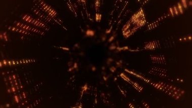 Parlayan ve yanıp sönen parçacıklardan dijital teknolojik tünele uçmanın animasyonu. Kusursuz döngünün animasyonu.