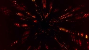 Parlayan ve yanıp sönen parçacıklardan dijital teknolojik tünele uçmanın animasyonu. Kusursuz döngünün animasyonu.