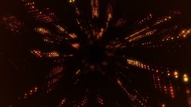 Parlayan ve yanıp sönen parçacıklardan dijital teknolojik tünele uçmanın animasyonu. Kusursuz döngünün animasyonu.