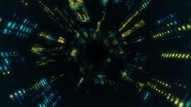 Parlayan ve yanıp sönen parçacıklardan dijital teknolojik tünele uçmanın animasyonu. Kusursuz döngünün animasyonu.