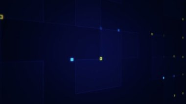 Çizgilerin geometrik arka planında parçacıkların olduğu devre elektrik sinyalinin animasyonu. Kusursuz döngünün animasyonu.  