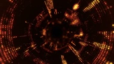 Parlayan ve yanıp sönen parçacıklardan dijital teknolojik tünele uçmanın animasyonu. Kusursuz döngünün animasyonu.