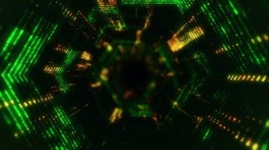 Parlayan ve yanıp sönen parçacıklardan dijital teknolojik tünele uçmanın animasyonu. Kusursuz döngünün animasyonu.