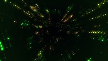 Parlayan ve yanıp sönen parçacıklardan dijital teknolojik tünele uçmanın animasyonu. Kusursuz döngünün animasyonu.