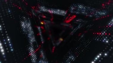 Parlayan ve yanıp sönen parçacıklardan dijital teknolojik tünele uçmanın animasyonu. Kusursuz döngünün animasyonu.