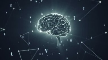 Arka planda uçan verilerle insan beyninin dönüşümünün animasyonu. Kusursuz döngünün animasyonu