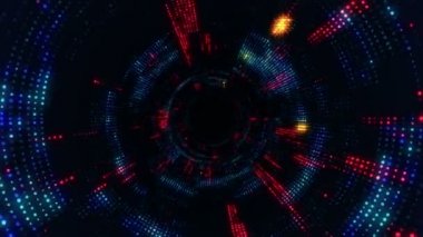 Parlayan ve yanıp sönen parçacıklardan dijital teknolojik tünele uçmanın animasyonu. Kusursuz döngünün animasyonu.