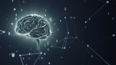 Arka planda uçan verilerle insan beyninin dönüşümünün animasyonu. Kusursuz döngünün animasyonu