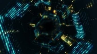 Parlayan ve yanıp sönen parçacıklardan dijital teknolojik tünele uçmanın animasyonu. Kusursuz döngünün animasyonu.