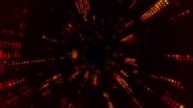 Parlayan ve yanıp sönen parçacıklardan dijital teknolojik tünele uçmanın animasyonu. Kusursuz döngünün animasyonu.