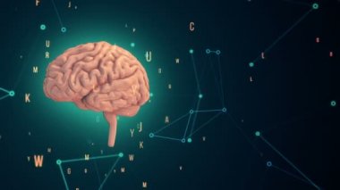 Arka planda uçan verilerle insan beyninin dönüşümünün animasyonu. Kusursuz döngünün animasyonu