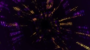 Parlayan ve yanıp sönen parçacıklardan dijital teknolojik tünele uçmanın animasyonu. Kusursuz döngünün animasyonu.