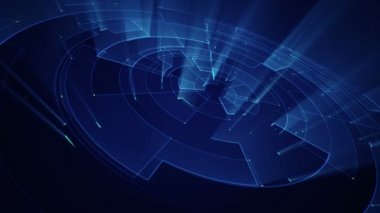 Çizgilerin geometrik arka planında parçacıkların olduğu devre elektrik sinyalinin animasyonu. Kusursuz döngünün animasyonu.  